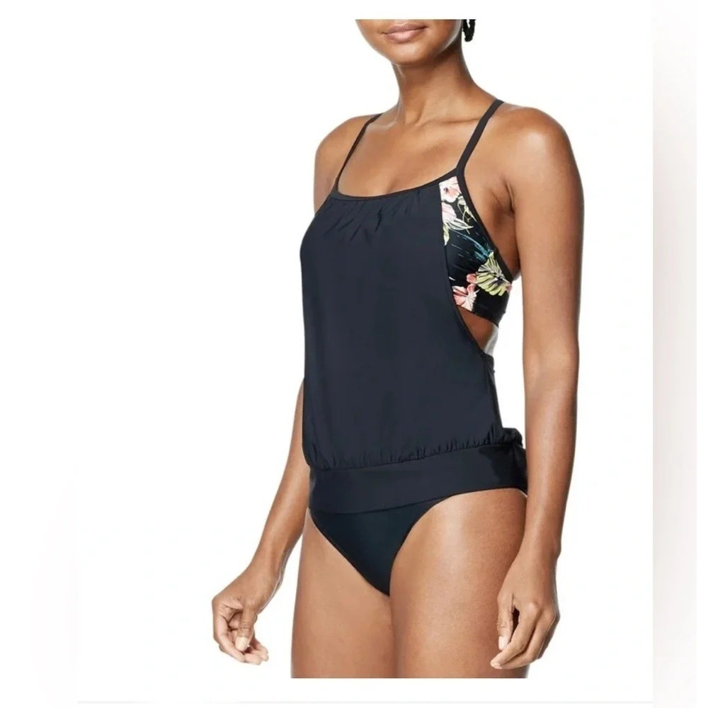 Speedo swim women‎ L black layered tankini top swimsuit UPF beach vacation